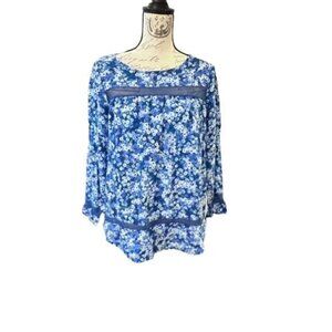 Gap Blue White Floral Crochet Inset Long Sleeve Boho Blouse‎ Size Small COTTAGE